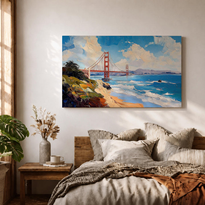 Framed coastal wall art featuring Golden Gate Bridge and bay