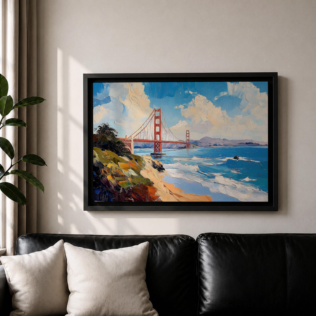 Detail view of the wooden frame around Golden Gate Bridge canvas