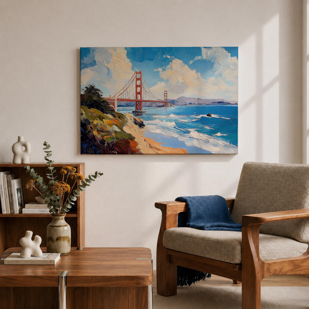 Gallery-style framed canvas depicting Golden Gate Bridge