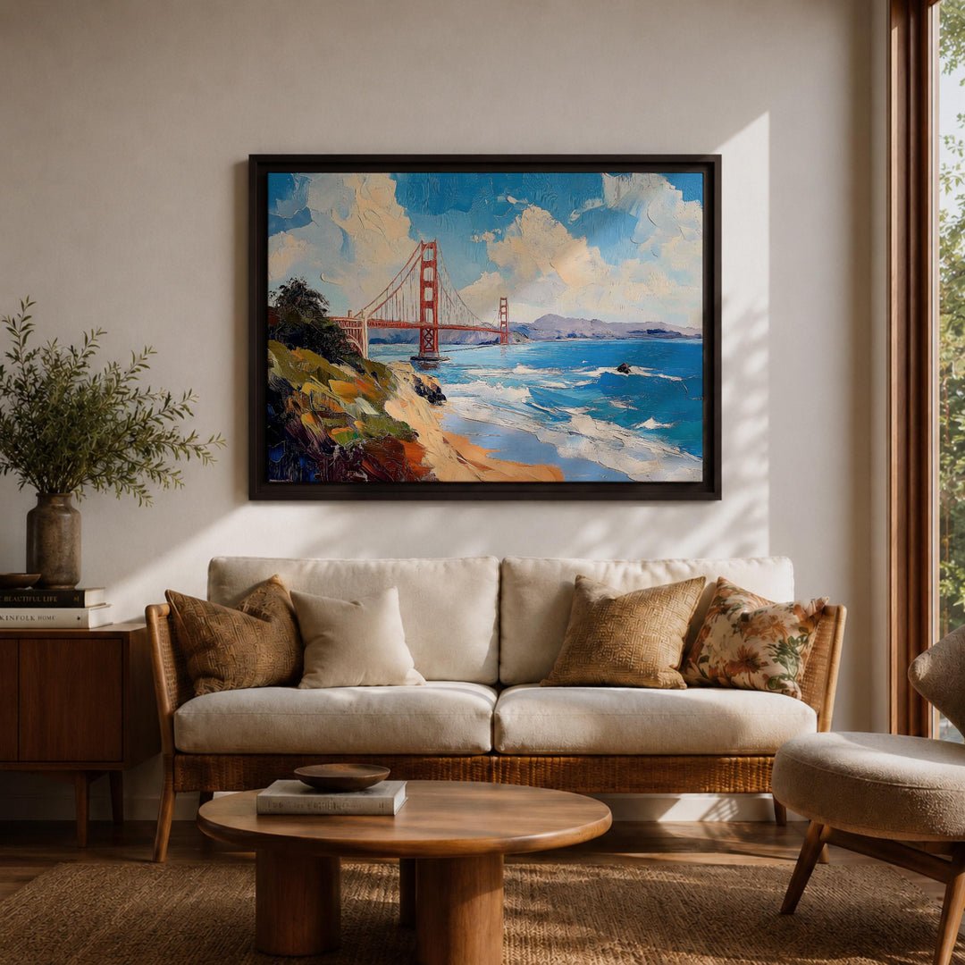 Harbor scene with bridge and cityscape on canvas art