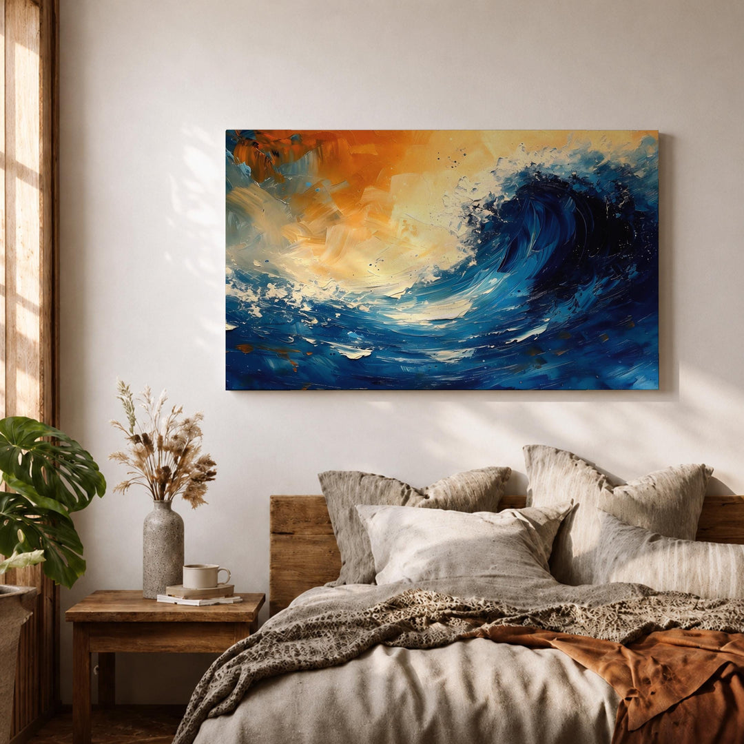 Moody blue ocean wall art in gallery frame