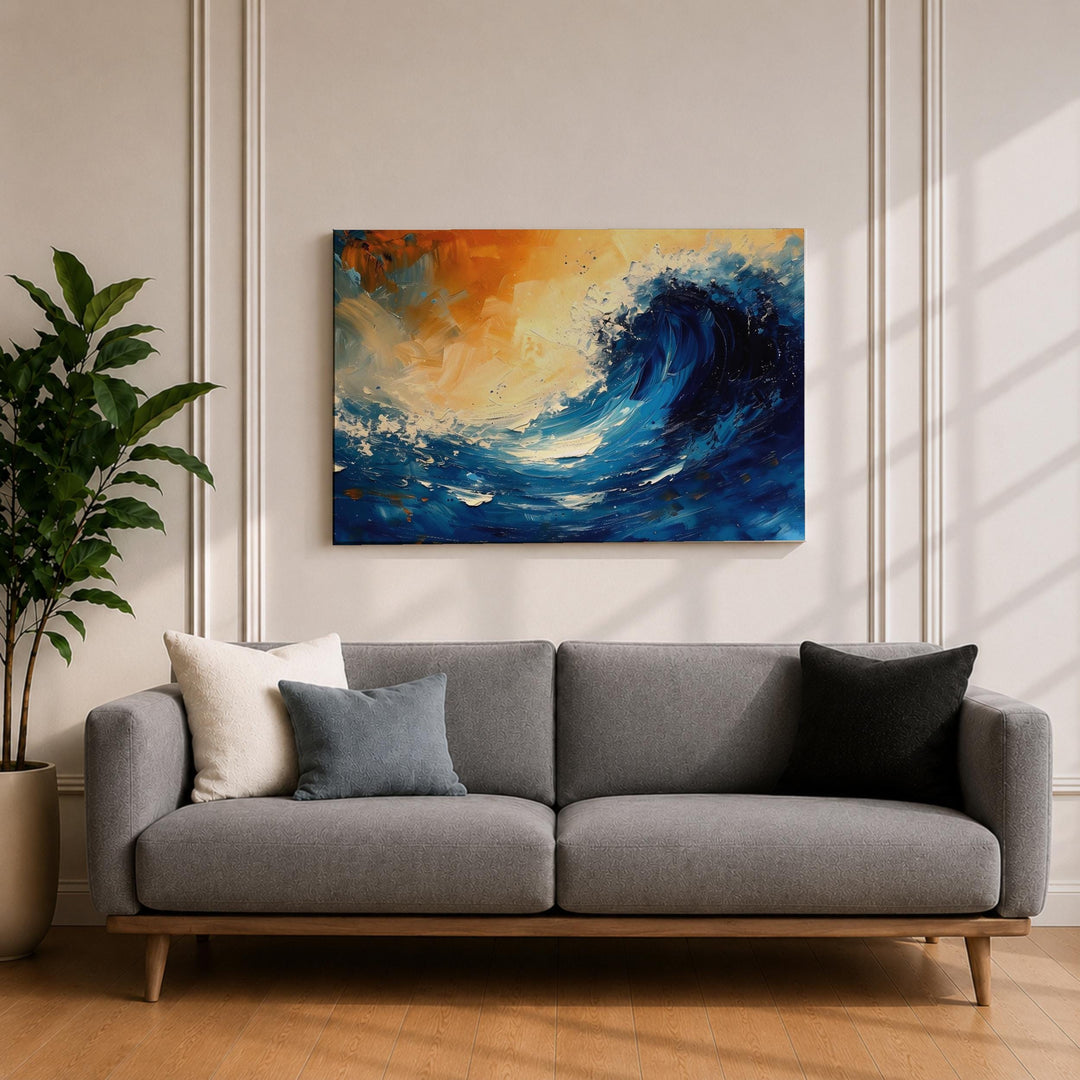 Coastal decor framed canvas artwork with waves