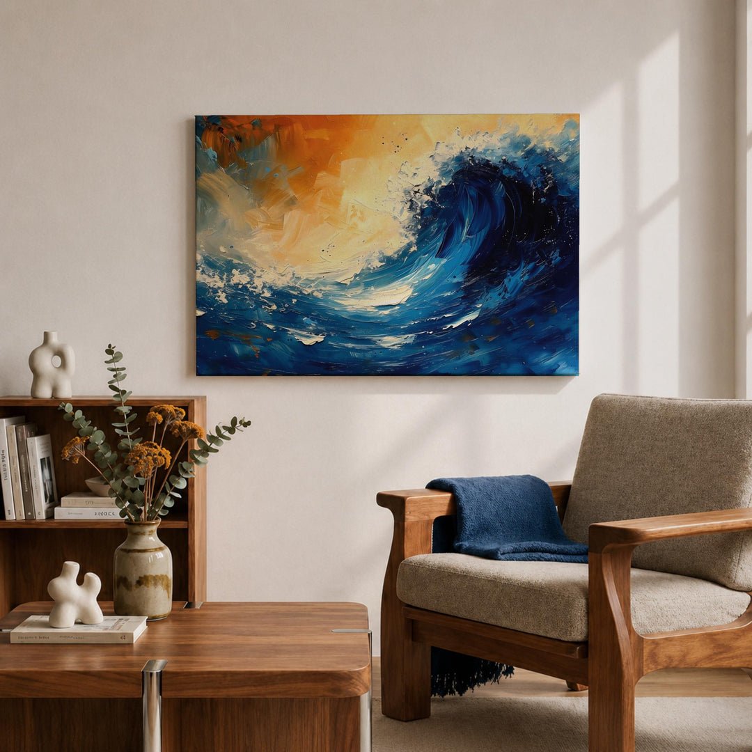 Textured canvas ocean wave print in dark frame
