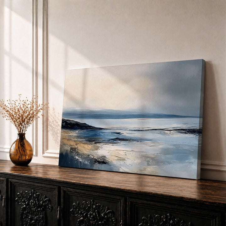 Framed seascape wall art featuring calm blue ocean and horizon