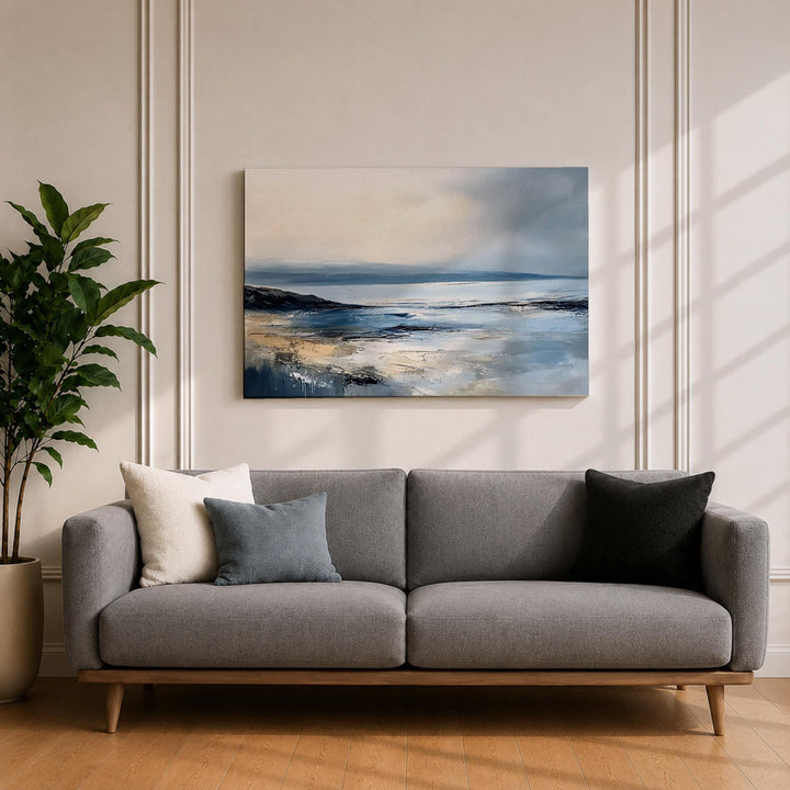 Beach and sea scene wall art with sandy hues in frame