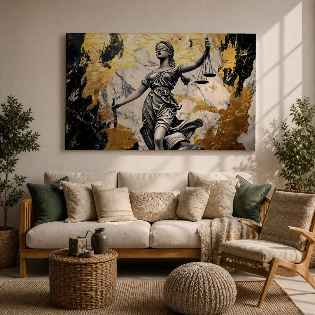 Close-up of scales of justice on premium framed canvas