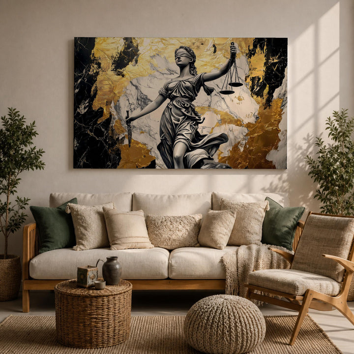 Close-up of scales of justice on premium framed canvas