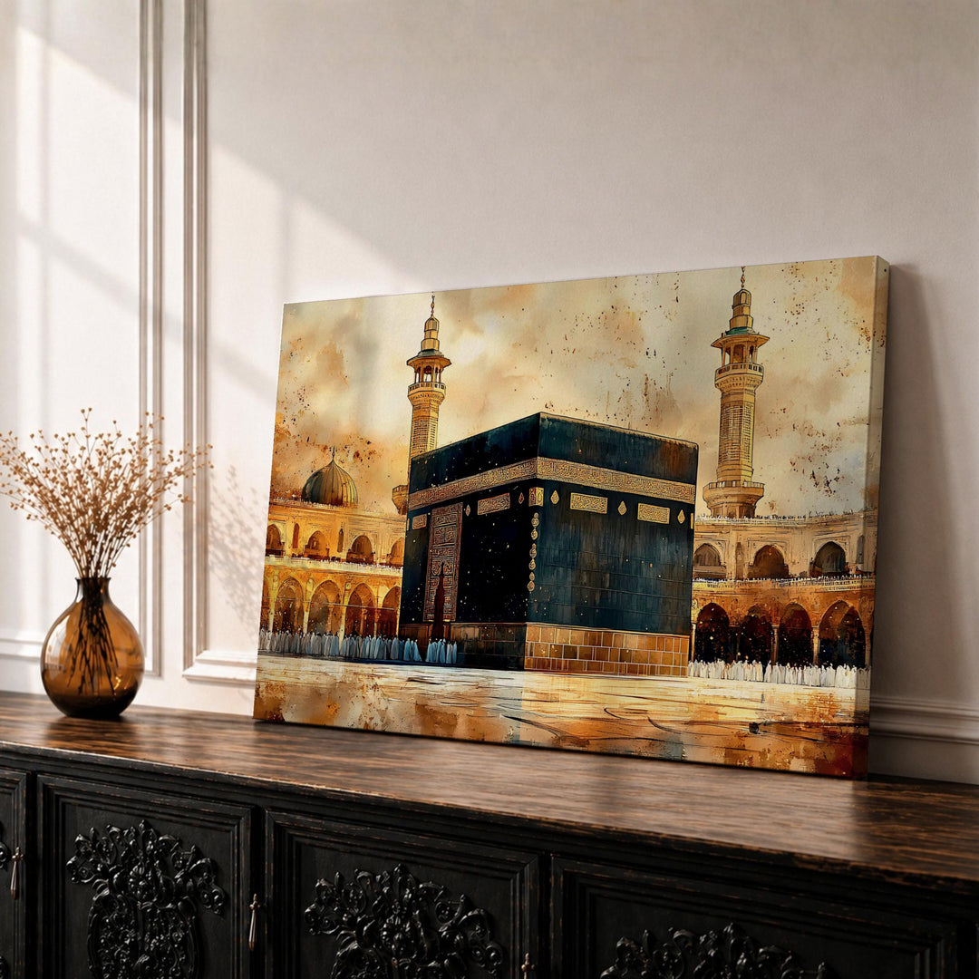 Framed Kaaba wall art on canvas with warm Mecca tones