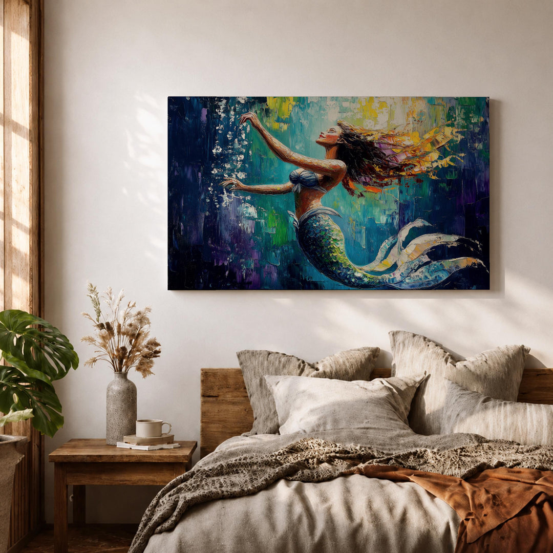 Framed canvas mermaid art with swirling water and fantasy mythology theme