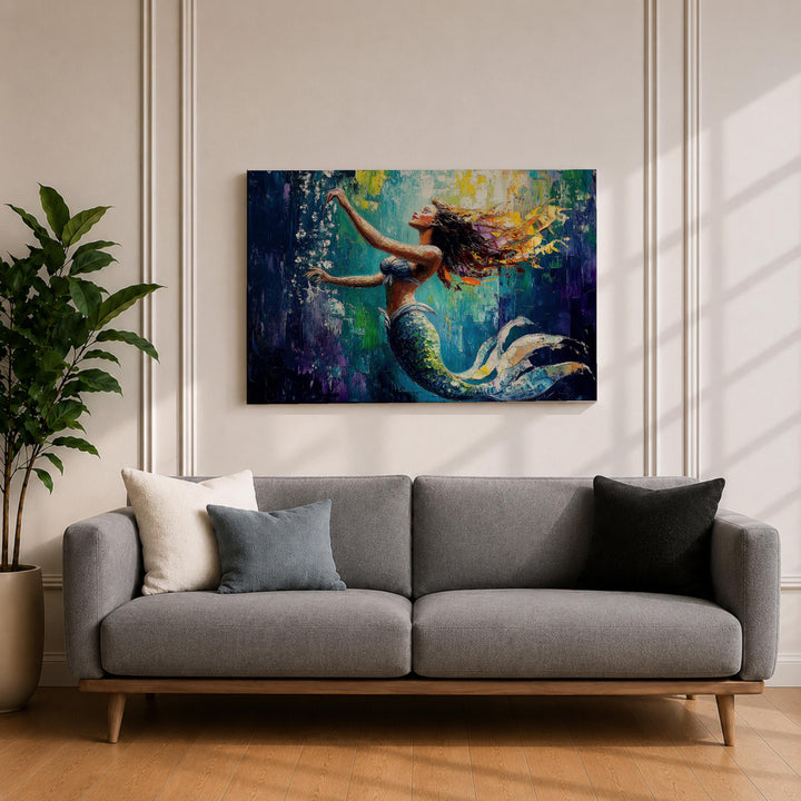 Impasto texture mermaid wall art canvas close view with luminous blues