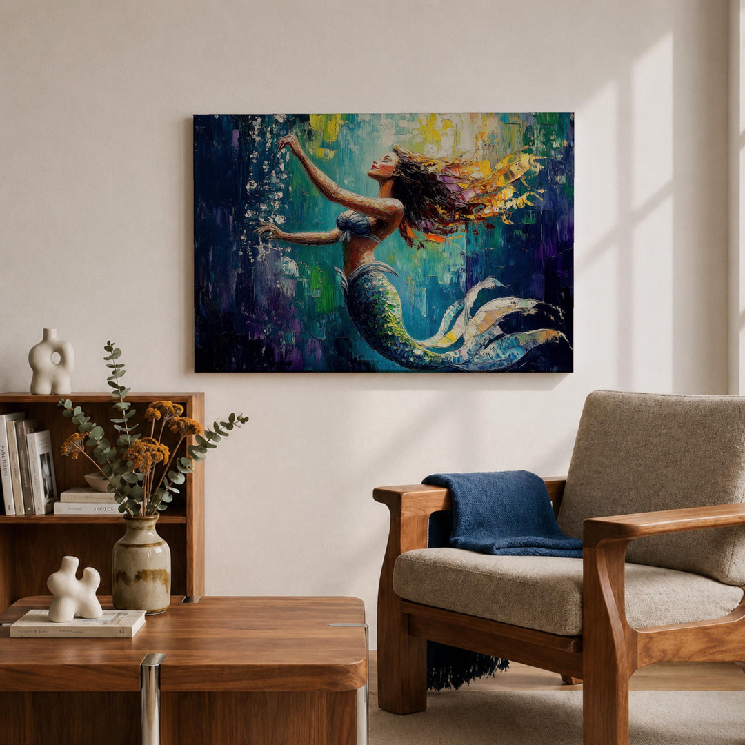 Undersea mermaid figure on framed canvas wall art for nature lovers
