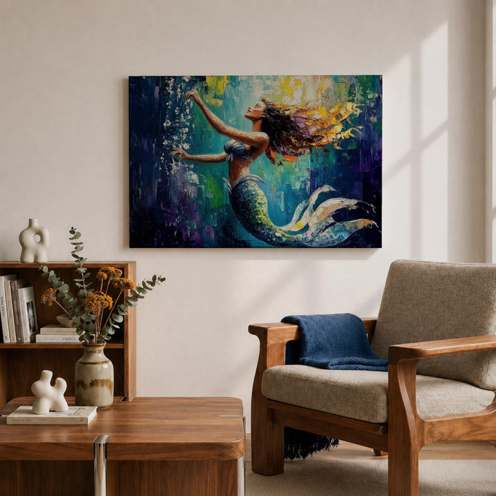 Undersea mermaid figure on framed canvas wall art for nature lovers