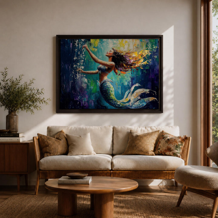 Framed mermaid sculpture-inspired wall art featuring mythical ocean scene