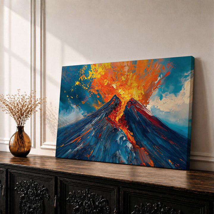volcano wall art framed canvas with lava flow and impasto texture