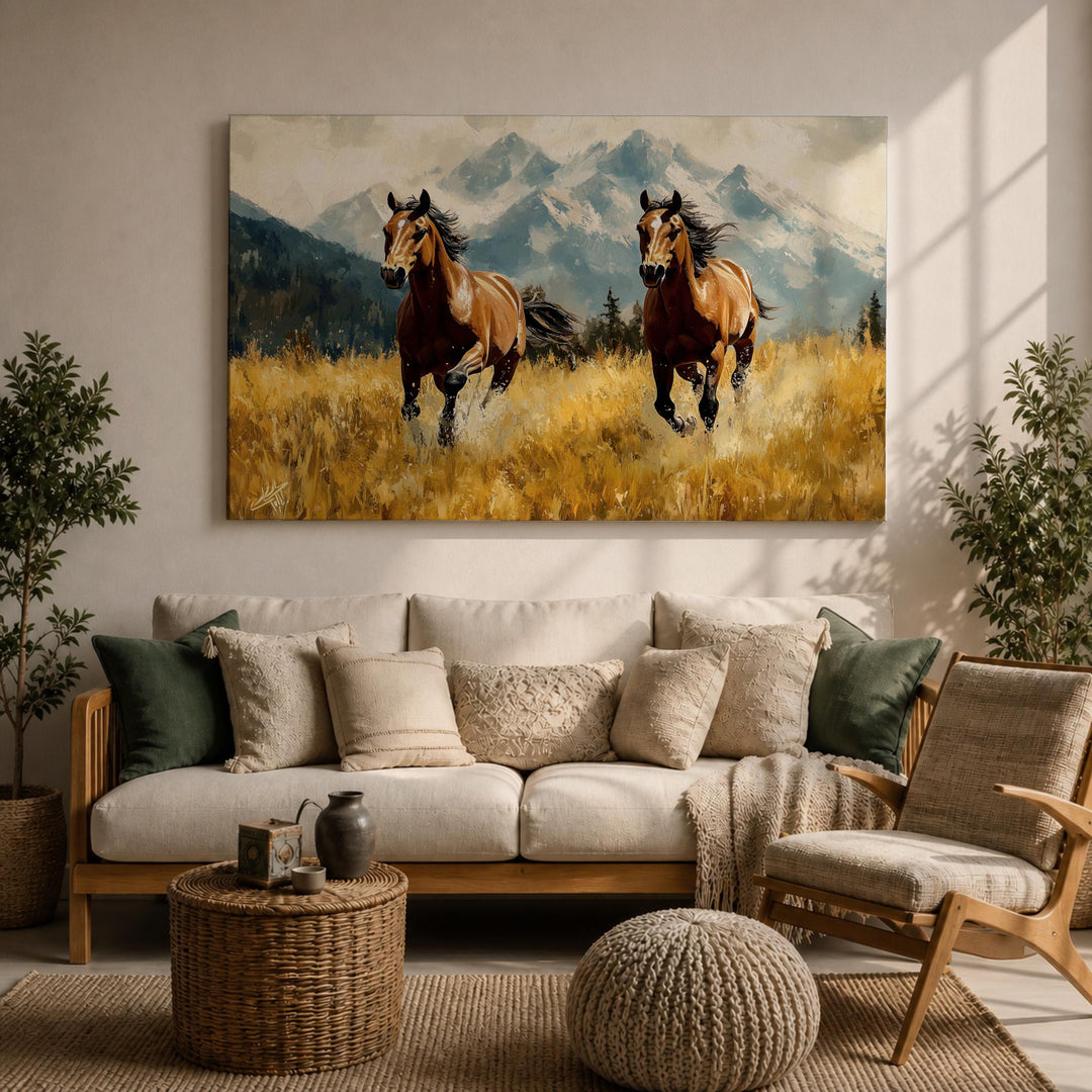 Close-up of galloping horses in a rustic framed canvas