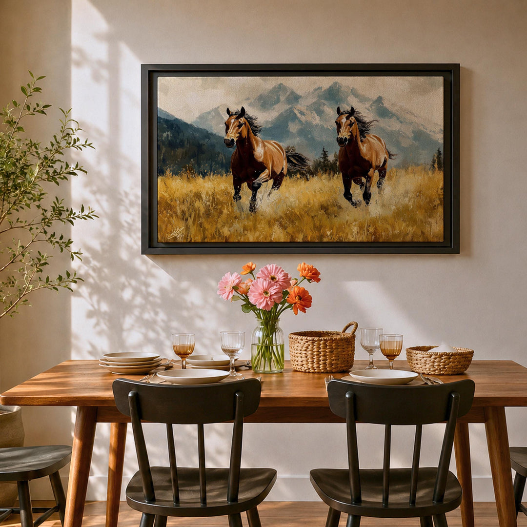 Wide view of horse and mountain scene wall art for living room