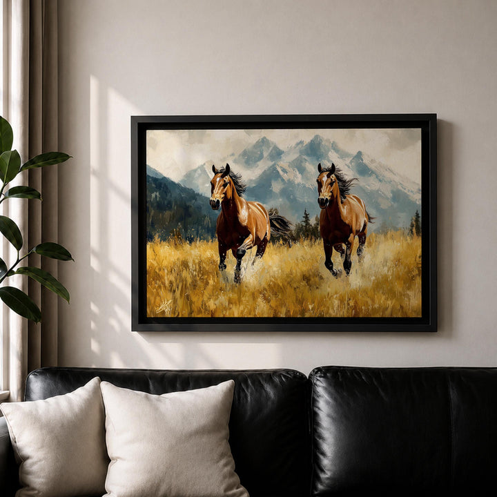 Living room decor: running horses on framed canvas