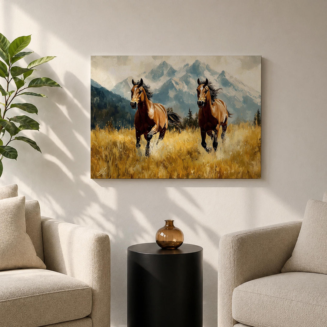 Vintage-inspired horse landscape print on framed canvas