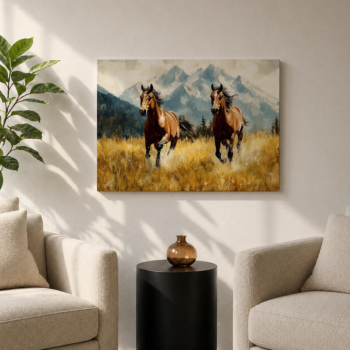 Vintage-inspired horse landscape print on framed canvas