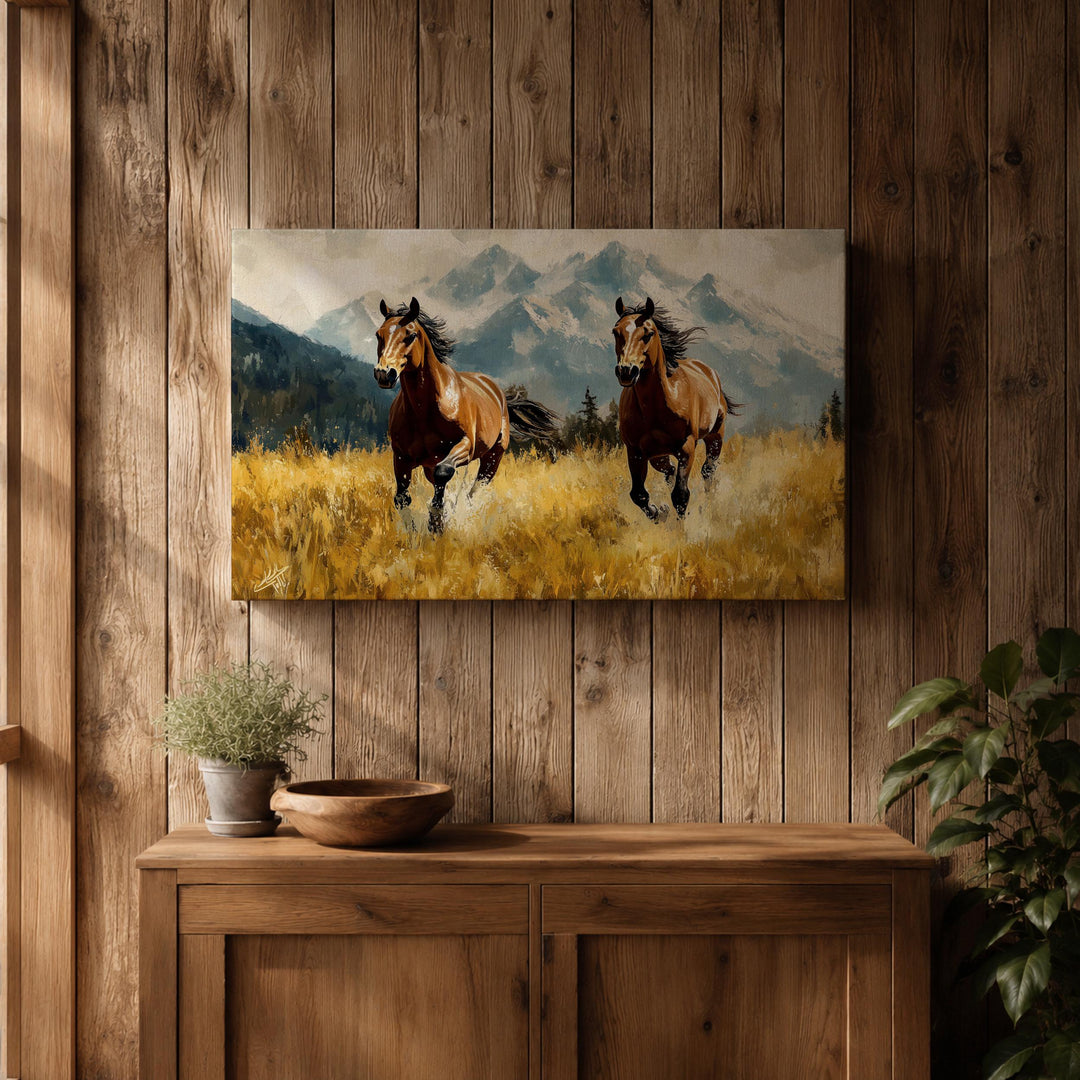 Country home decor: equine landscape on framed canvas
