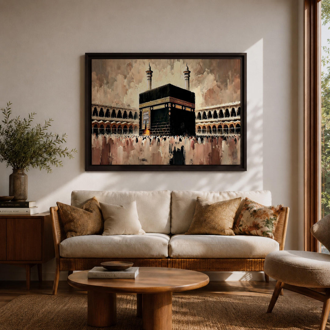Tawaf pilgrimage design on abstract Islamic wall art