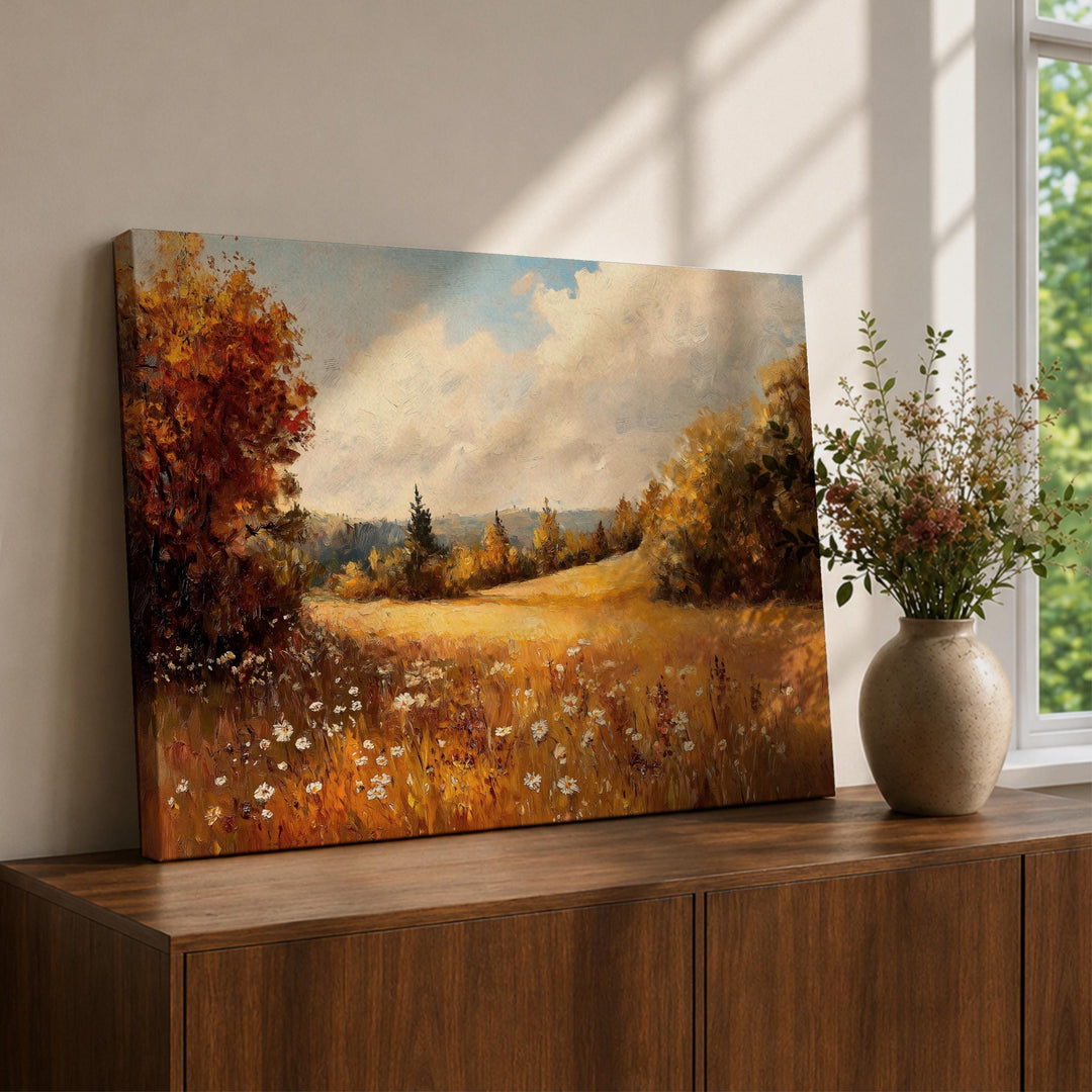 Autumn meadow landscape on framed canvas with warm golden tones