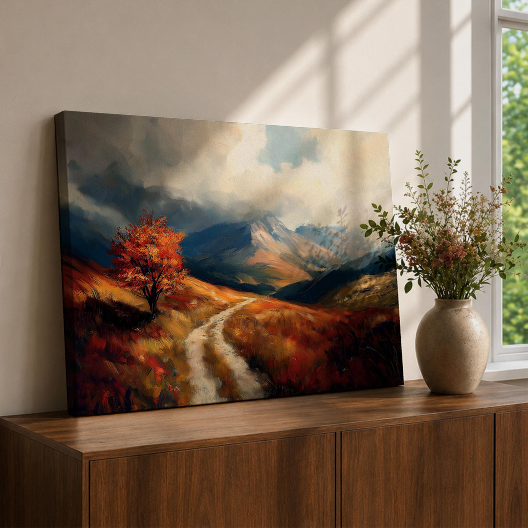 Autumn mountain landscape framed canvas art with warm amber tones