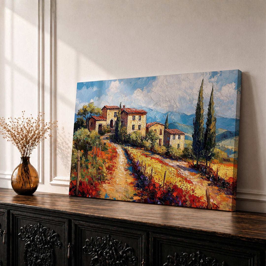 Framed Tuscan countryside landscape with rolling hills and cypress trees