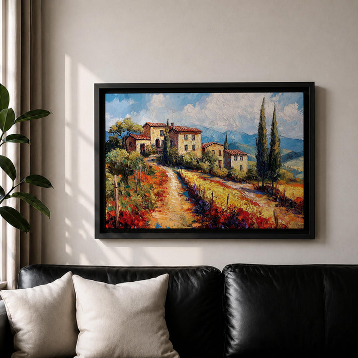 Sunlit hillside with stone farmhouse on canvas