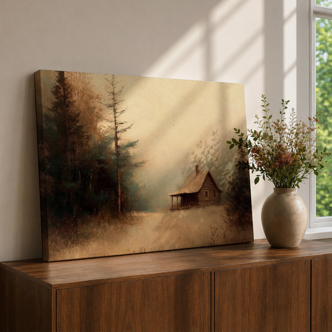 framed cabin wall art winter landscape close-up on canvas