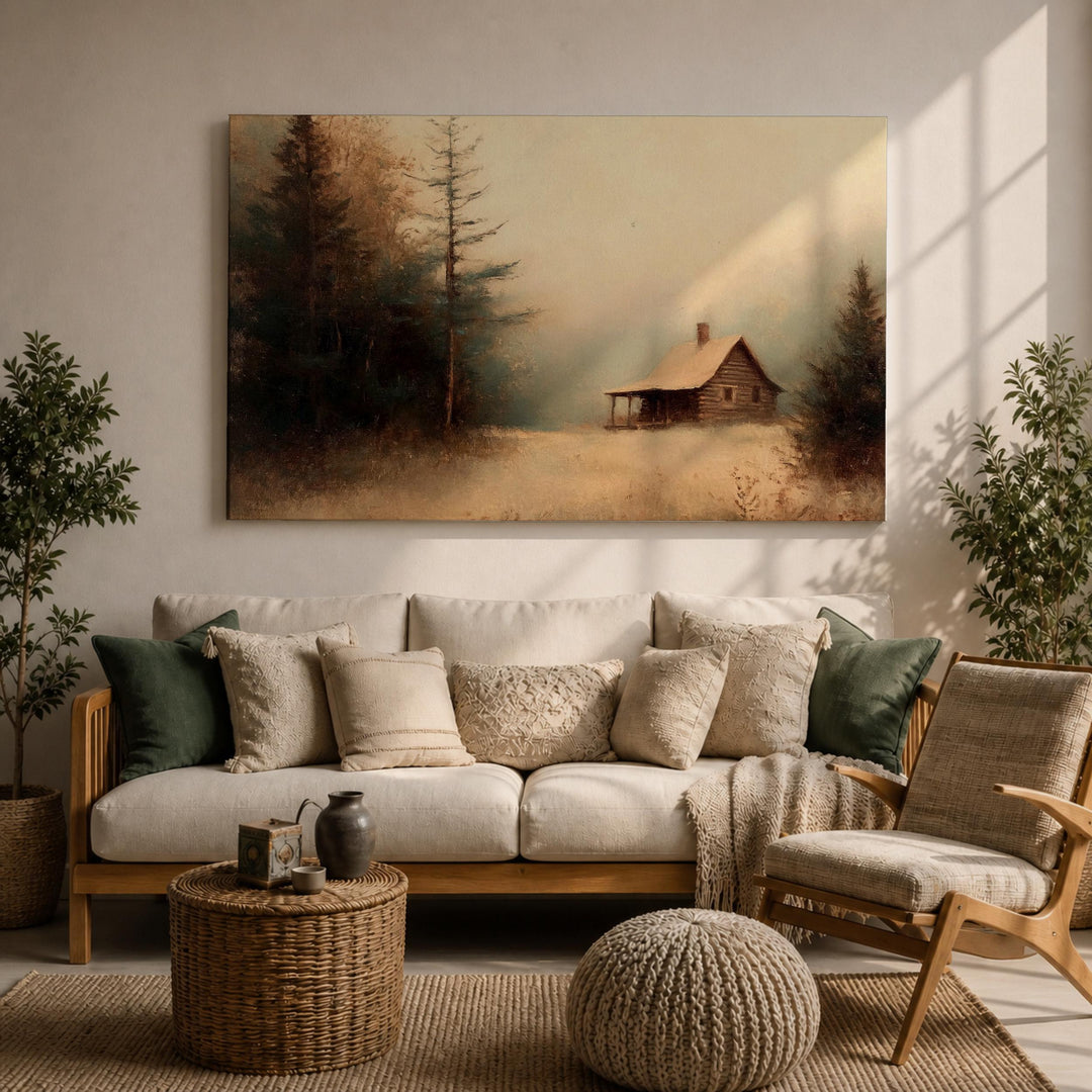 rustic living room with cabin landscape art above sofa