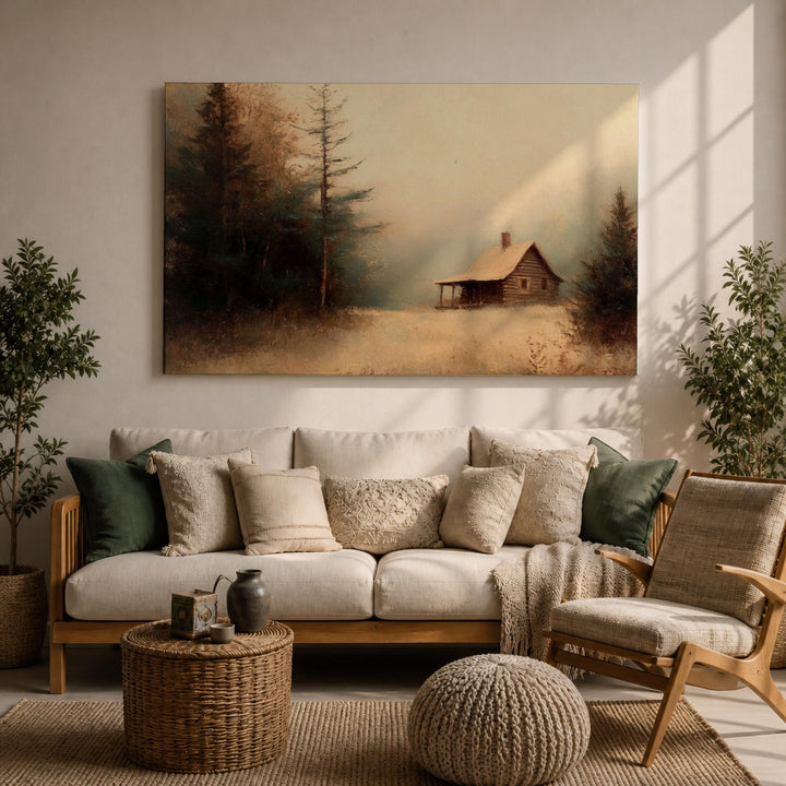 rustic living room with cabin landscape art above sofa