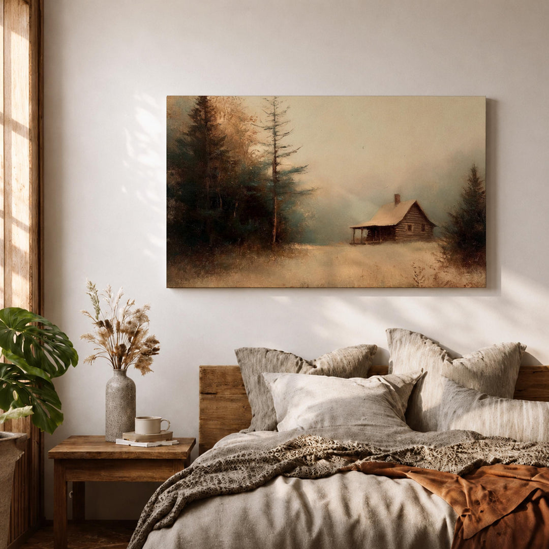 snowy cabin art print with pine trees in forest