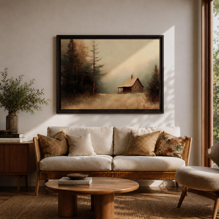 nature wall art snow scene depicting log cabin
