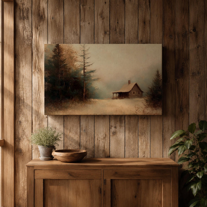 premium framed canvas art of cozy winter lodge scene