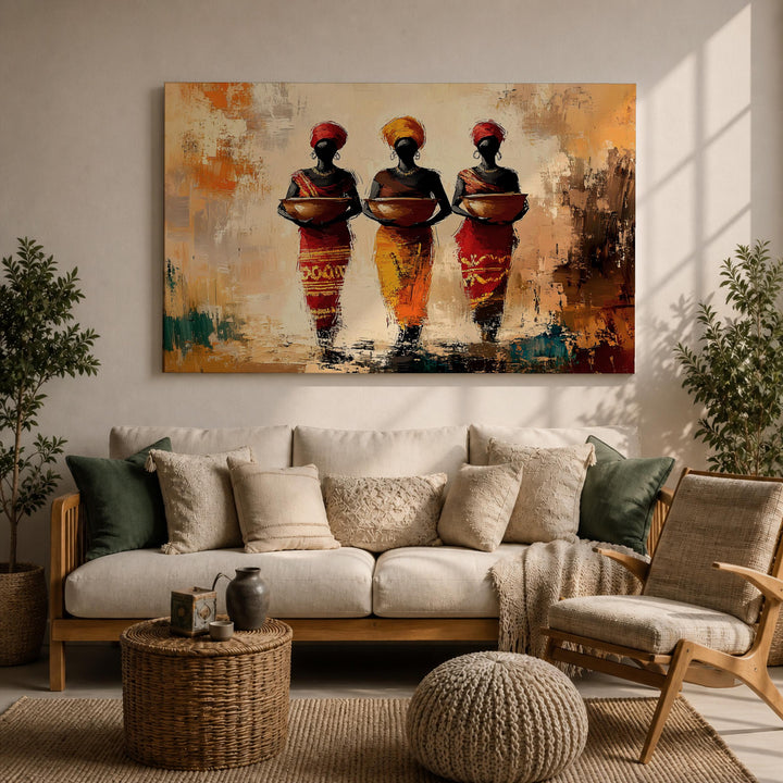 Close-up of framed African women wall art on canvas