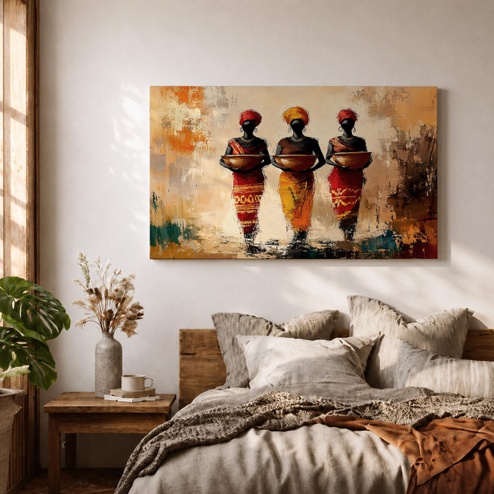 African women wall art in earthy tones, framed canvas