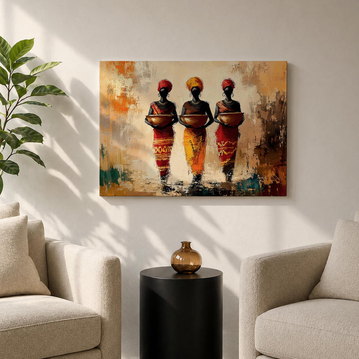 Bold color study of African women on framed canvas
