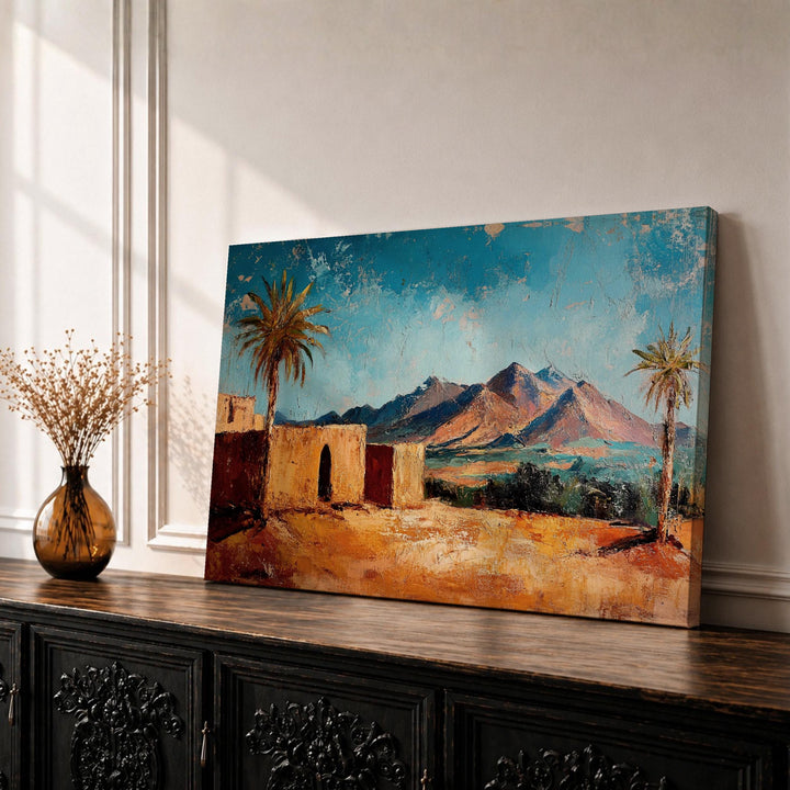 Desert palm tree oasis landscape canvas framed wall art - front view