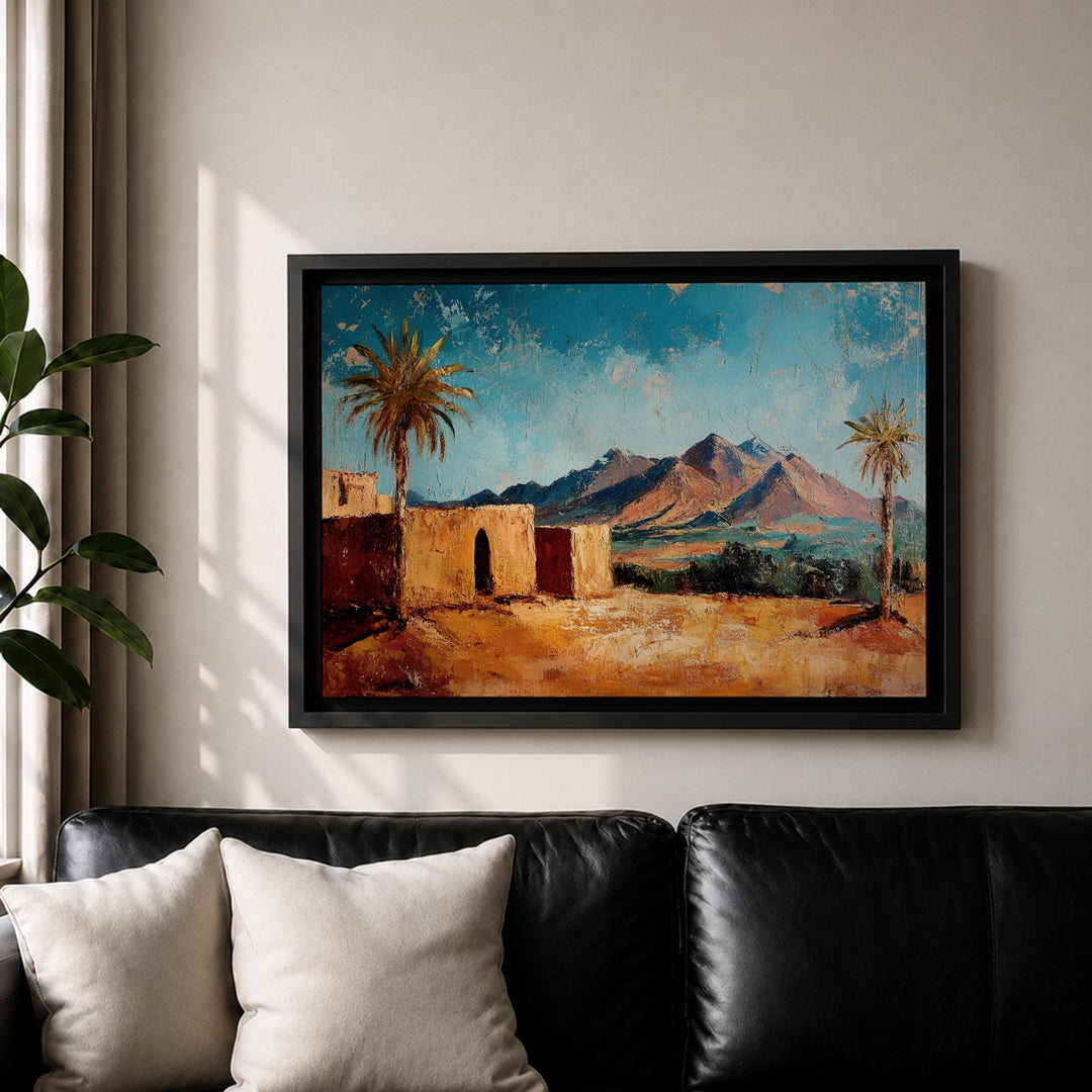 Warm desert sunset tones in framed palm tree wall art