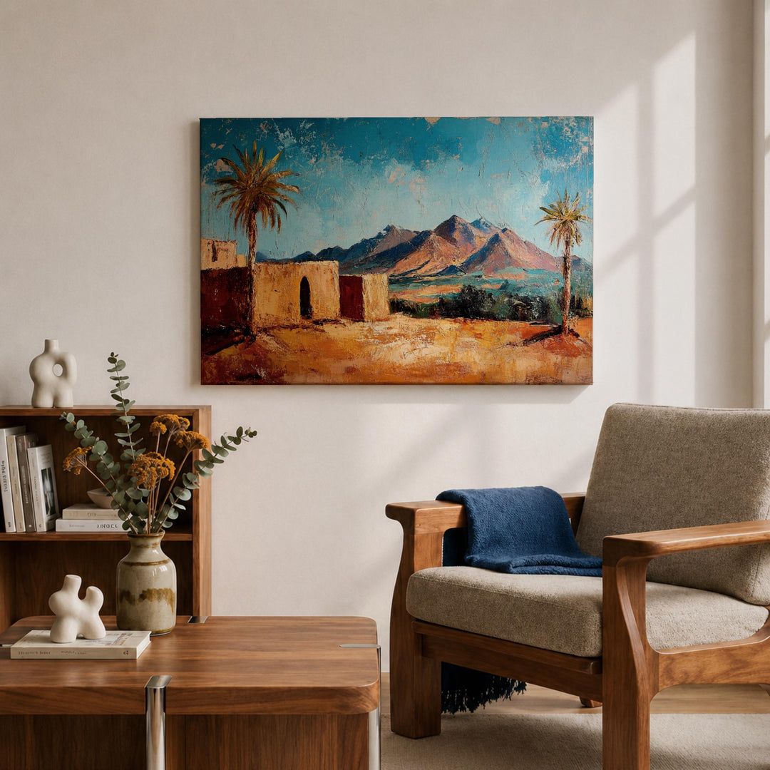 Natural wood frame encasing desert palm tree landscape