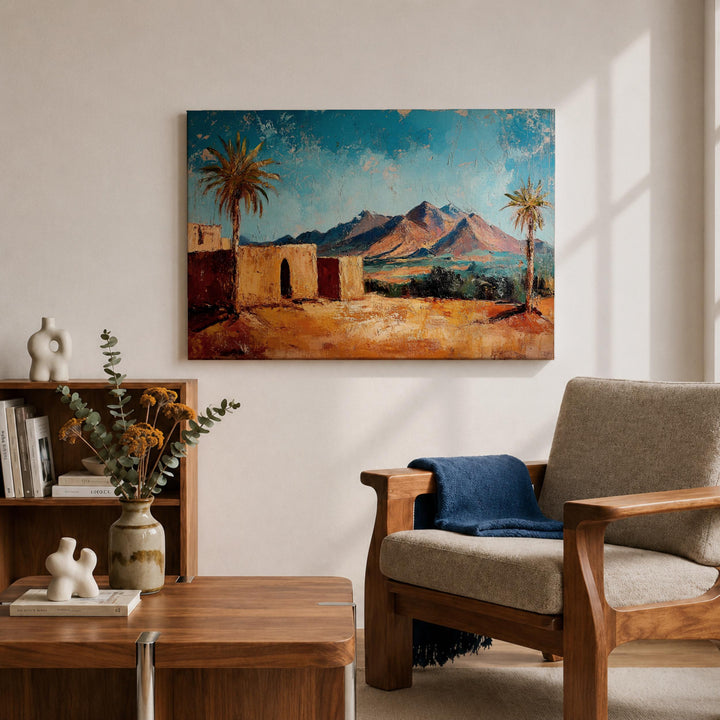 Natural wood frame encasing desert palm tree landscape