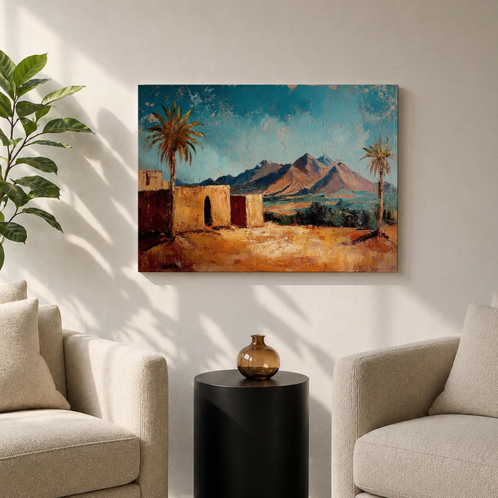 Desert palm fronds and oasis scene on framed canvas