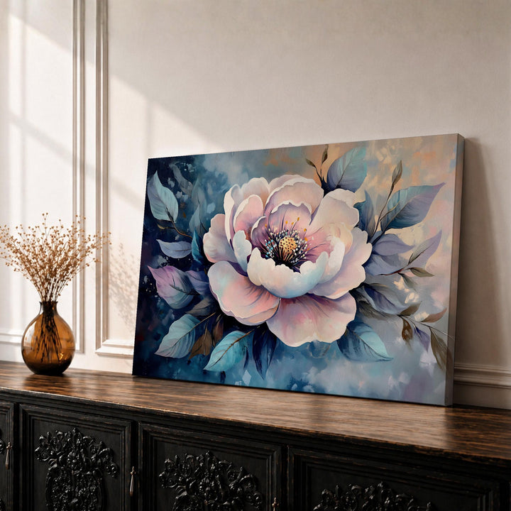Close-up of pink peony framed canvas wall art
