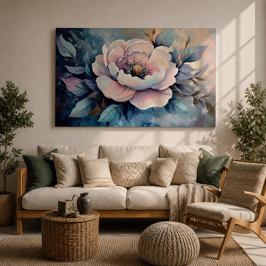 Framed canvas botanical art with garden peony bloom