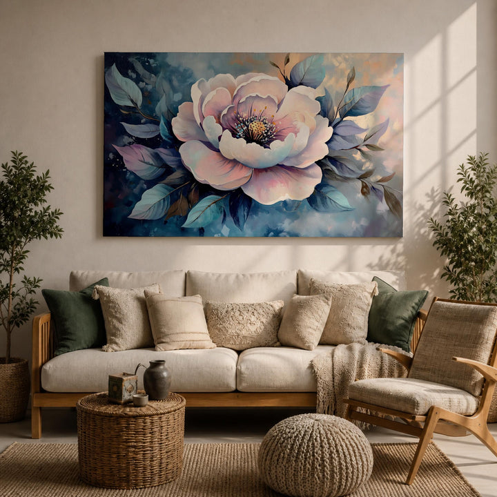Framed canvas botanical art with garden peony bloom