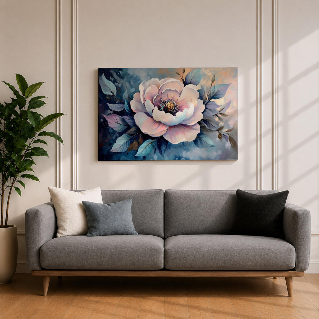 Framed canvas art showcasing lush peony blossoms