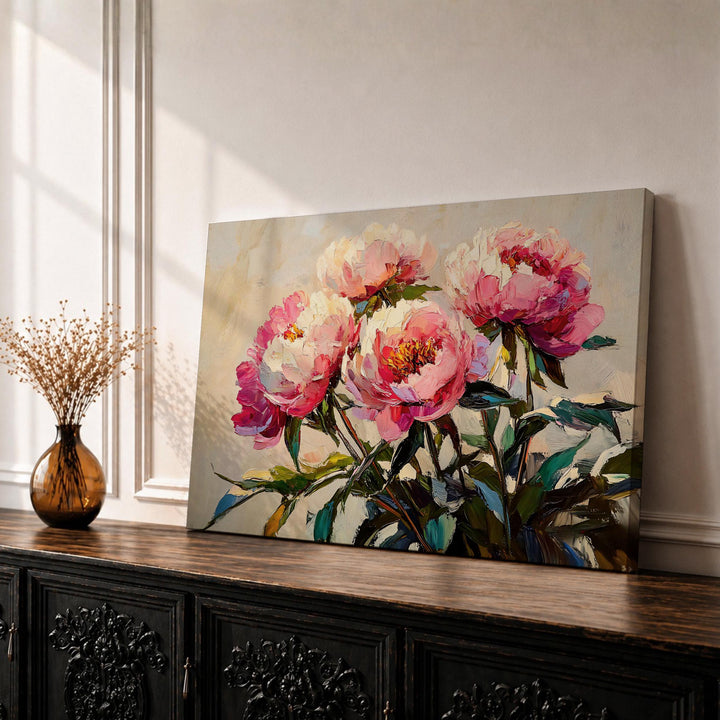Peony framed canvas wall art with impasto texture - close-up view