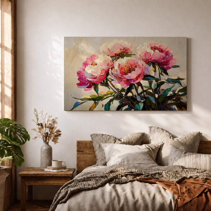 Framed canvas peony artwork displayed on wall