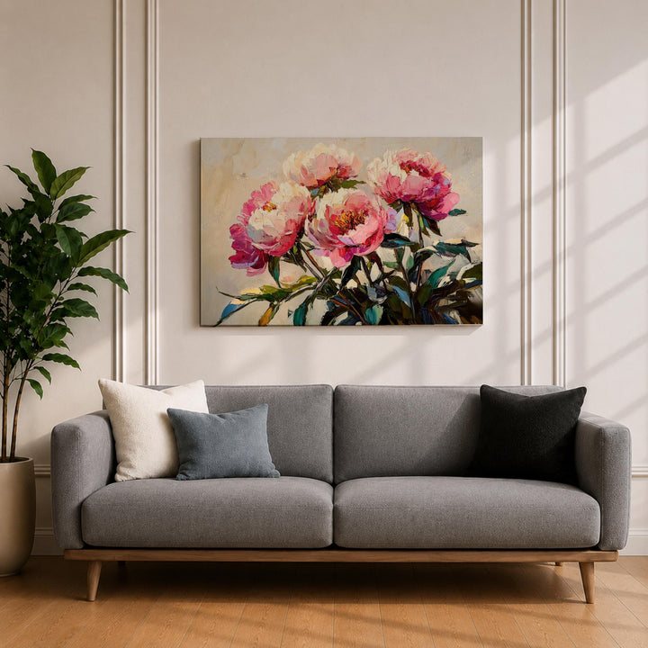 Living room floral art in a gallery-style frame